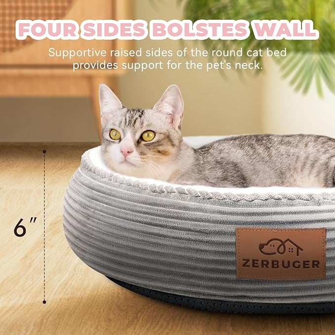 20in Washable Cat Beds for Indoor Cats - Round Donut Pet Bed for Cats, Small Dogs, Puppy, Kitten - Anti-Slip Bottom, Calming Bed Gift - Ideal for Every Home Space - Light Grey