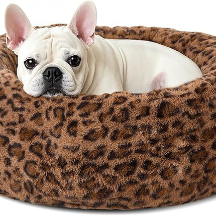Dog Calming Beds for Small Medium Large Dogs - Round Donut Washable Puppy Dog Bed, Anti-Slip Faux Fur Fluffy Donut Cuddle Anxiety Cat Pet Bed (28" Leopard Print)