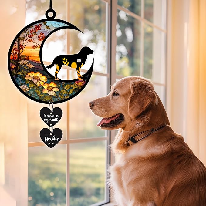 LOVELYPOD Personalized Dog Memorial Suncatcher Window, Pet Loss Sympathy Gift, Custom Fur Memorial Gifts for Loss of Pet, Dog Remembrance Stained Glass, Hanging Garden Decor with Moon