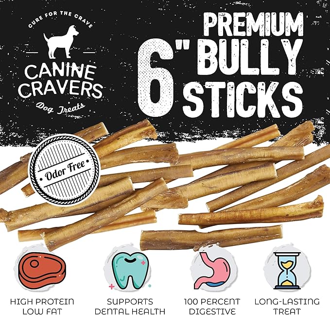 Canine Cravers Maplewood Smoked Bully Sticks 6” Inch - 100% Natural Free Range Grass Fed Beef - Made in Canada - Odor-Reduced Long Lasting, Rawhide Free Dog Chews High Protein Low Fat Dental Care