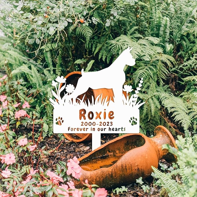 Custom Metal Boxer Dog Memorial Grave Marker Sympathy Garden Stake, Personalized Flowers Boxer Dog Memorial Stake Grave Marker, Customized Boxer Dog Memorial Gifts Pet Loss Stake Headstone