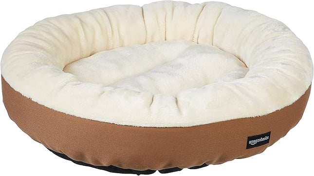 Amazon Basics Round Bolster Pet Bed for Dog or Cat with Flannel Top, 20.0" L x 20.0" W x 8.0" Th, Brown and Ivory (Pack of 6)