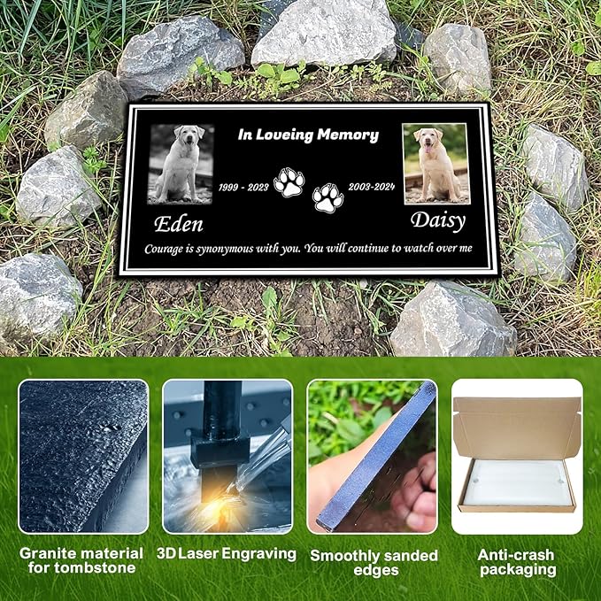 Pet Memorial Stones for Dogs & Cats, Personalized Dog Memorial Plaques for Pet Grave Stones for Outdoor - Cats Headstones, Tombstones for Grave Markers with Photo (Double Portrait)
