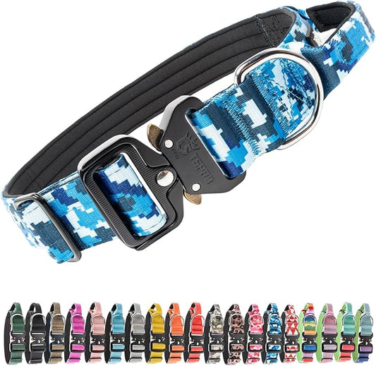 TSPRO Premium Dog Collars Tactical Dog Collar with Handle and Heavy Duty Quick-Release Metal Buckle Durable Thick and Adjustable for Medium to Large Dogs (Camo Blue L)