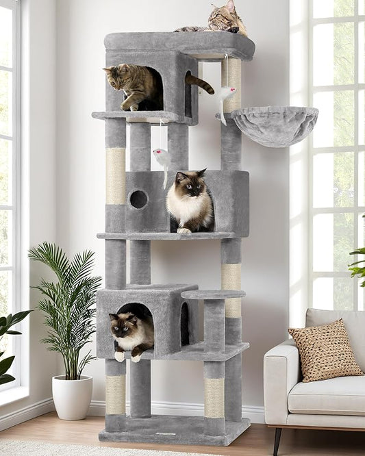 Globlazer Corner Cat Tree 66 inch Multi-Level Climbing Tower Kitty Condos Cat Scratching Tower for Indoor Multiple Cats with Large Platform, 3 Cat Caves, F66, Light Grey