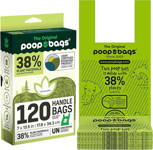 The Original Poop Bags® Dog Poop Bags with Handles, 38% USDA Biobased, Leak-Proof & Easy Tie Waste Bags for Dogs, Unscented, 120 Count