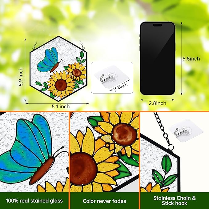 Butterfly Sunflower Stained Glass Suncatchers Windows Hanging Decorative,Hand Paint Sun Sunflower Catchers Indoor Ornaments with Stick Hook,Memorial Gifts for Mom/Women