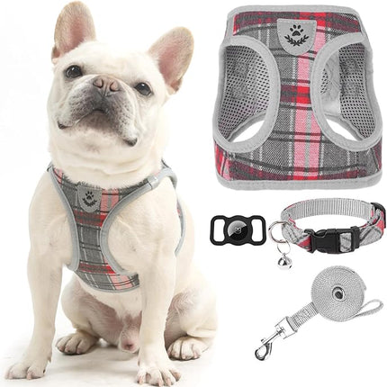 EXPAWLORER Classic Plaid Puppy Harness - Small Dog Harness and Leash Set - Dog Collar and Leash Set with AirTag Holder, Soft Padded Step in Dog Vest Harness No Pull Reflective for Outdoor, Grey XXS