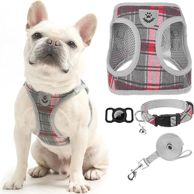 EXPAWLORER Classic Plaid Puppy Harness - Small Dog Harness and Leash Set - Dog Collar and Leash Set with AirTag Holder, Soft Padded Step in Dog Vest Harness No Pull Reflective for Outdoor, Grey XXS