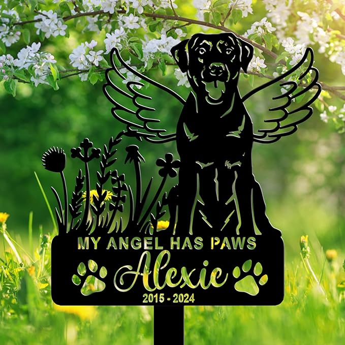 Personalized Dog Memorial Grave Marker, Custom Pet's Name Cemetery Decorations for Funerary, Metal Dog Burial Garden Stake, Outdoor Sympathy Angel Handstone Stake Plaque Gift for Loss