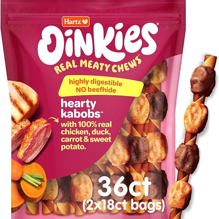 New! Hartz Oinkies Hearty Kabob Dog Treats with 100% Real Chicken, Duck, Sweet Potato & Carrot, Rawhide-Free, Natural Dog Treats, Highly Digestible Long Lasting Chews, 36 Count