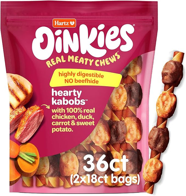 New! Hartz Oinkies Hearty Kabob Dog Treats with 100% Real Chicken, Duck, Sweet Potato & Carrot, Rawhide-Free, Natural Dog Treats, Highly Digestible Long Lasting Chews, 36 Count
