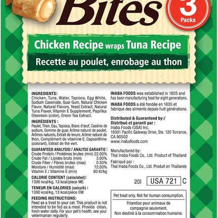 INABA Churu Bites for Cats, Soft/Chewy Baked Chicken Wrapped Churu Filled Cat Treats with Vitamin E, 0.35 Ounces per Tube, 18 Tubes Total (3 Tubes per Pack), Tuna Recipe