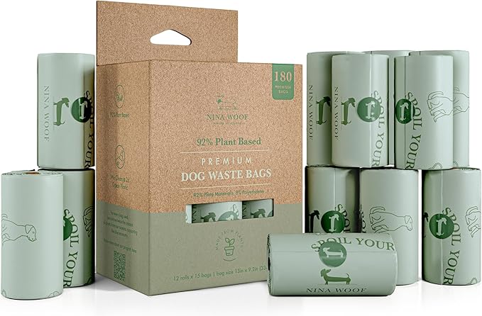 Eco-Friendly 92% Plant-Based Dog Poop Bags Rolls -180 Extra Thick, Durable, Leak-Proof, Odorless, Convenient Disposal - USDA Certified, Heavy-Duty Trash Bags and Garbage Bags