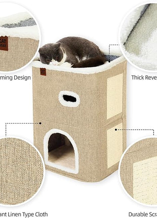 CATBOAT 2-Storey Cat House for Indoor Cats Bed, Covered Beds & Furniture with Scratch Pad and Hideaway Cave, Cute Modern Condo for Multi Small Pet Large Kitten Kitty, Brown