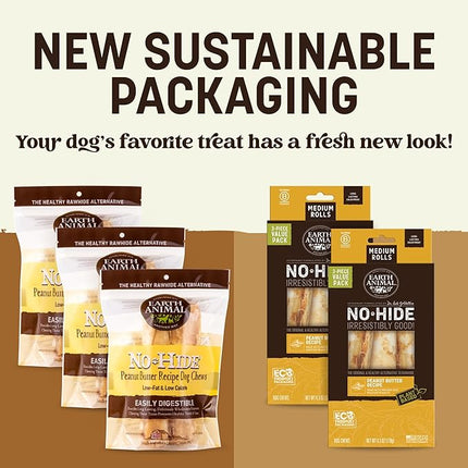 Earth Animal No Hide Chews - Long Lasting Rawhide Free Medium Dog Chews Rolls, Peanut Butter - 6 Count