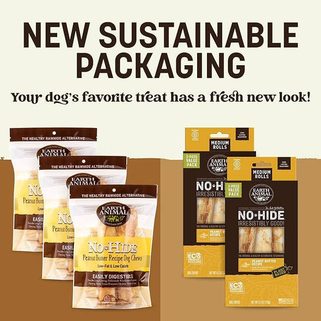 Earth Animal No Hide Chews - Long Lasting Rawhide Free Medium Dog Chews Rolls, Peanut Butter - 6 Count