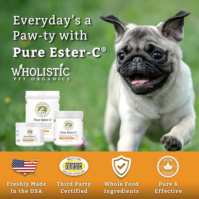 Wholistic Pet Organics Pure Ester-C Powder for Dogs - 2 Oz - Healthy Alternative to Dog Allergy Chews - Vitamin C Supplement for Dog Allergy Relief, Immune Support, Itch Relief for Dogs - Made in USA