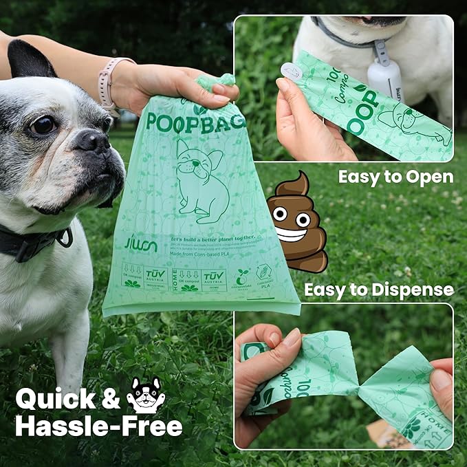 JIWON 100% Certified Home Compostable Dog Poop Bags, 240 Count (16 Rolls), 9"x13", OK Compost & Seedling, Thick & Leakproof, Plant Based Compostable Waste Bags, Unscented