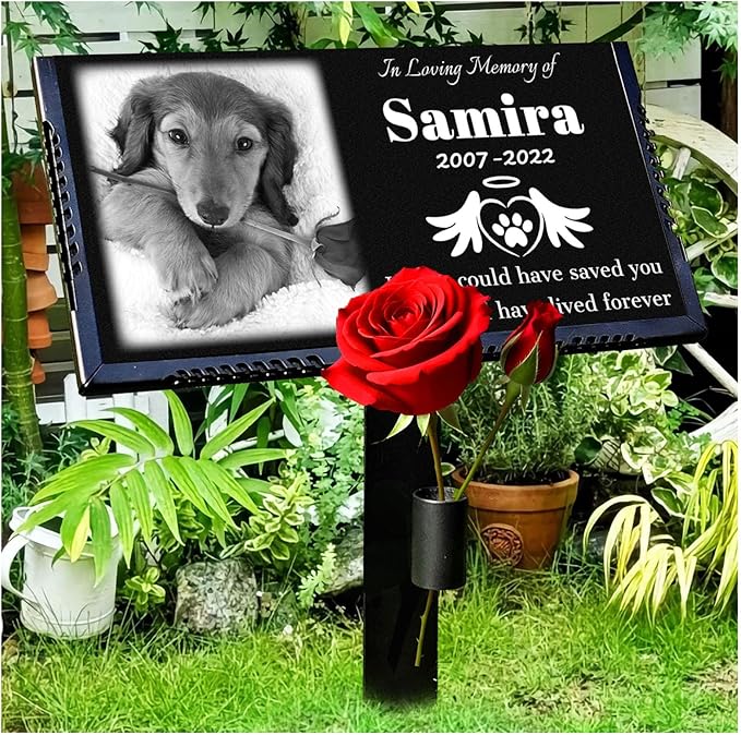 Personalized Granite Pet Grave Marker Dog, Customized 12"×6" Engrave Pet Headstones for Dog with Photo, Cat Memorial Stone Plaque for Memory Garden, Cemetery, Animals Funerary Tombstones Gift