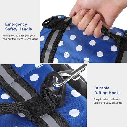HAOCOO Dog Life Jacket Vest Saver Safety Swimsuit Preserver with Reflective Stripes/Adjustable Belt Dogs?Blue Polka Dot,XXS