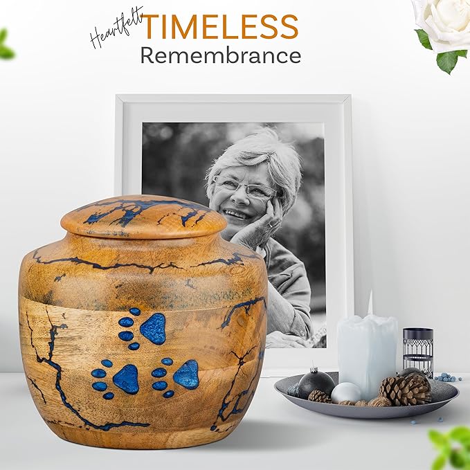 INTAJ Wooden Pet Urns for Dogs/Cats Ashes - Blue Resin Paws & Lichtenburg Design - Keepsake Cremation Urn Box, Pet Memorial Wooden Urns for Ashes, Small to Large Sizes (Odyssey, Medium)