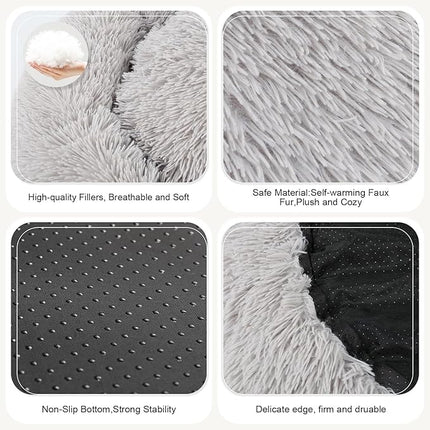 Dog Bed, Cat Calming Bed, Faux Fur Pillow Pet Donut Cuddler Round Plush Bed for Large Medium Small Dogs and Cats (Light Grey, 49.0" L x 38.0" W x 7.0" Th)