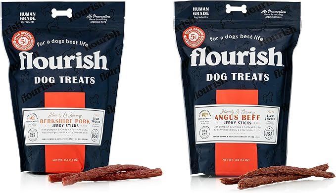 Flourish Pets Jerky Sticks, Dog Treats, Healthy Training Chews (Beef and Pork, Variety Pack)