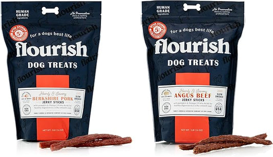 Flourish Pets Jerky Sticks, Dog Treats, Healthy Training Chews (Beef and Pork, Variety Pack)