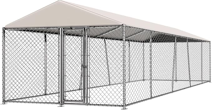 10 x 20FT Large Outdoor Dog Kennel with Roof, Dog Kennel Outside with Waterproof Cover, Galvanized Heavy Duty Chain Link Dog Runs Cage Playpen for Outside with Secure Lock