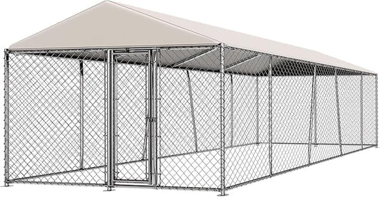 10 x 20FT Large Outdoor Dog Kennel with Roof, Dog Kennel Outside with Waterproof Cover, Galvanized Heavy Duty Chain Link Dog Runs Cage Playpen for Outside with Secure Lock