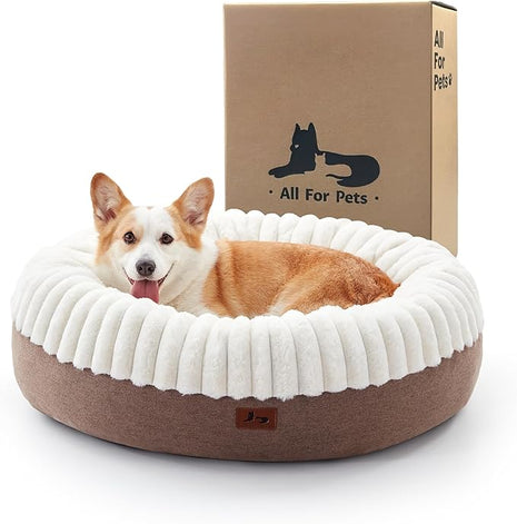 Calming Donut Dog Bed - 30" Round Washable Corduroy Fleece Pet Bed with Anti-Slip Bottom, Anti-Anxiety Cushion Bed for Small Medium Dogs and Cats