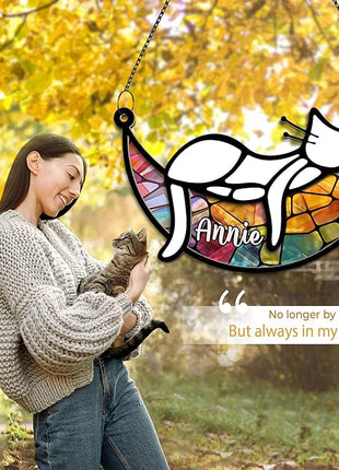 Cat Memorial Suncatcher, Personalized Name Pet Sleeping on Moon Ornament Window Car Hanging, Sympathy Gift for Loss of Pet Passed Away Keepsake, Remembrance Gifts for Cat Lovers