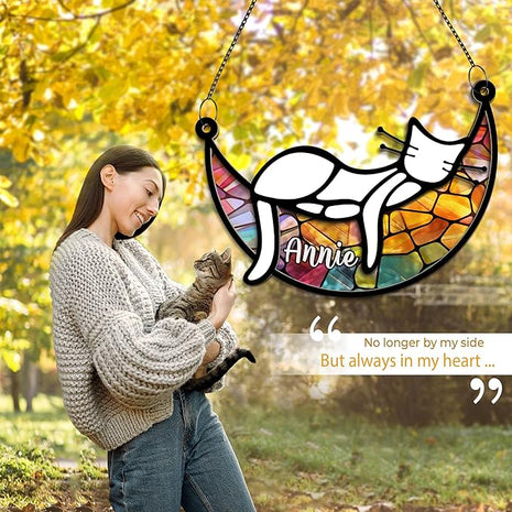 Cat Memorial Suncatcher, Personalized Name Pet Sleeping on Moon Ornament Window Car Hanging, Sympathy Gift for Loss of Pet Passed Away Keepsake, Remembrance Gifts for Cat Lovers