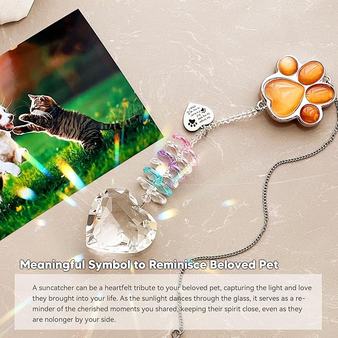 Pet Memorial Suncatcher - Dog Memorial Gifts, Pet Loss Sympathy, Thoughtful Dogs and Cats Bereavement Remembrance Gifts, Natural Cat's Eye Paw Crystal Suncatcher(Orange Red)
