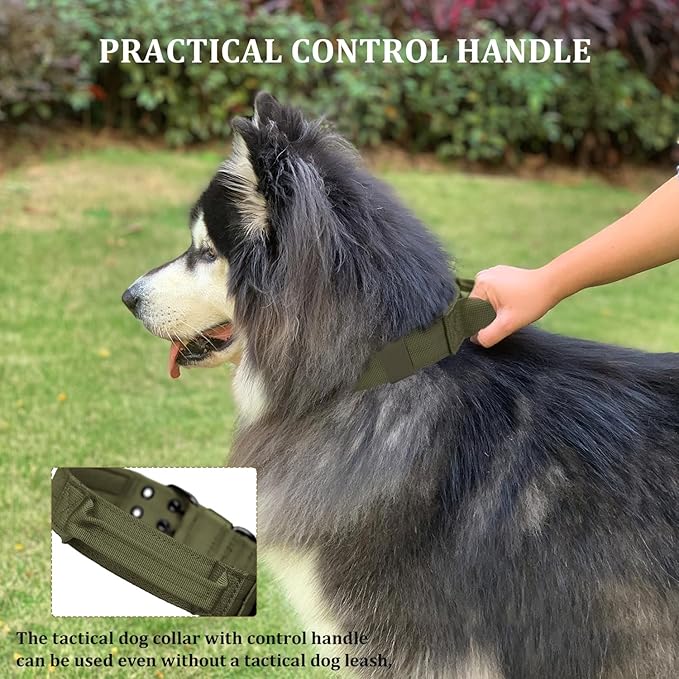 Tactical Dog Collar with Handle, Military Adjustable Heavy Duty Metal Buckle Dog Collars Soft Nylon Training Collar for Medium Large Dogs (Green, X-Large)