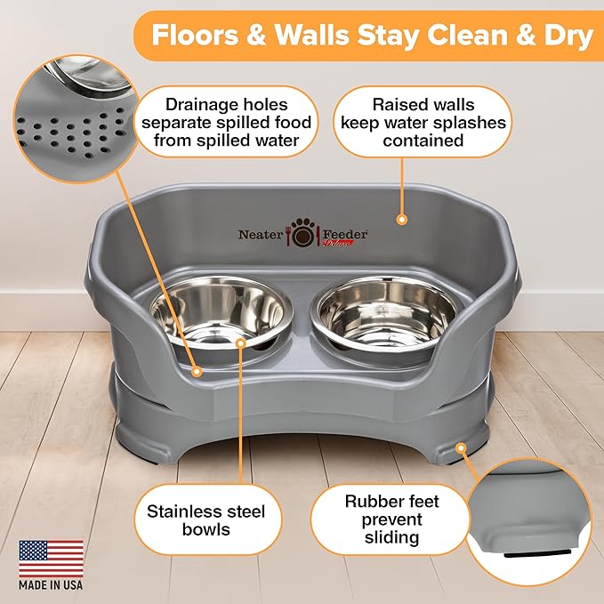 Neater Pet Brands Neater Feeder Deluxe Mess Proof Dog Bowls Elevated for Small Dogs Under 19 lbs, Made in USA, No Spill Raised Dog Food Bowl Stand Feeding Station, Food and Water Bowl Set, Grey