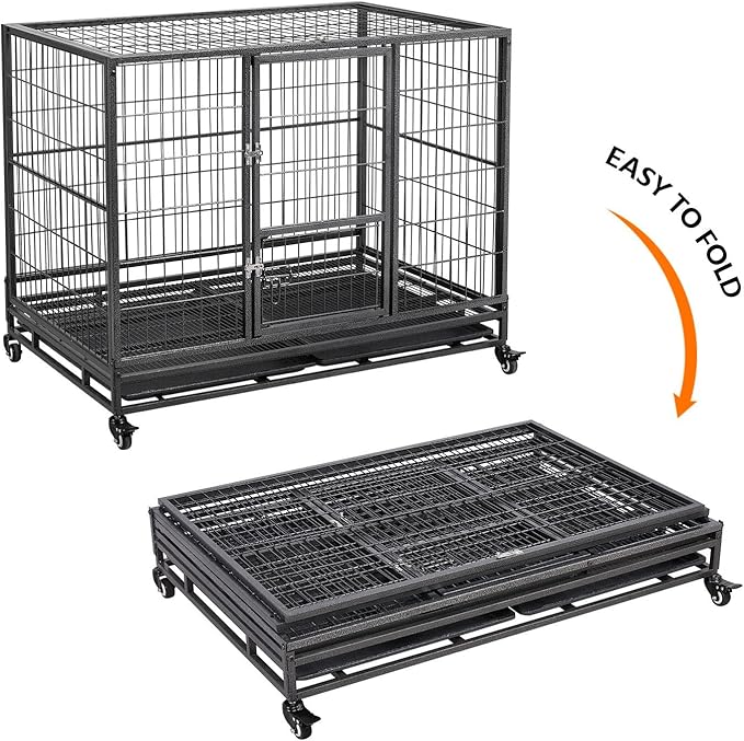 Yaheetech Dog Crate 43-inch Heavy Duty Metal Dog Cage Collapsible Open Top Pet Kennel w/Double Doors & Prevent Escape Locks/Lockable Wheels/Double Tray Indoor Outdoor, Black