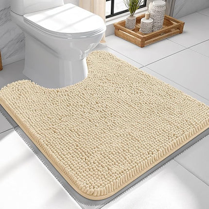 OLANLY Toilet Rugs U-Shaped 24x24, Extra Soft Absorbent Chenille Contour Bathroom Rugs for Toilet, Dry Quickly, Machine Washable, Non-Slip Bath Mat, Beige