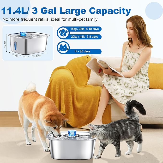 Large Dog Water Fountain Stainless Steel, 3 Gallon Pet Water Fountain with Visual Window, Dog Water Dispenser Automatic Waterer Bowls for Drinking with 2 Filters for Cats, Dogs, Multiple Pets