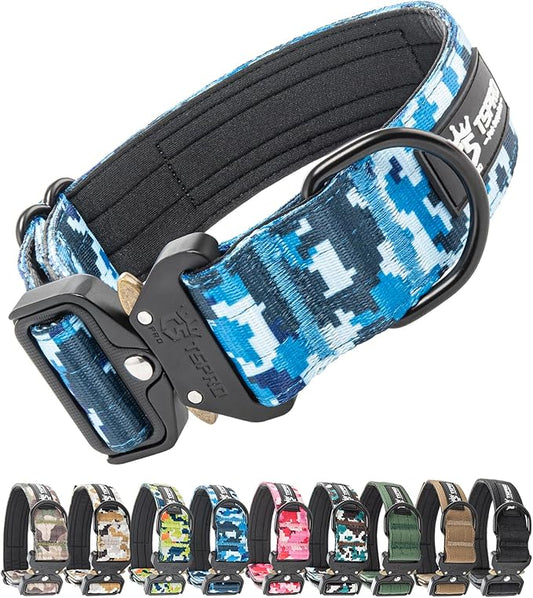 TSPRO Premium Dog Collars Tactical Dog Collar with Patch and Heavy Duty Quick-Release Metal Buckle Durable Thick and Adjustable for Medium to Large Dogs (Camo Blue M)