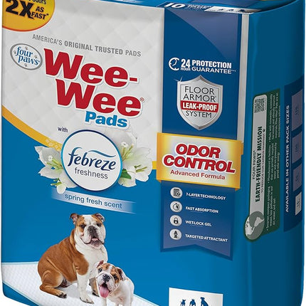 Four Paws Wee-Wee Odor Control with Febreze Freshness Pee Pads for Dogs & Puppies, Leak-Proof Dog Housebreaking Potty Training Floor Protection, Spring Fresh Scent, 22" x 23", 10 Count