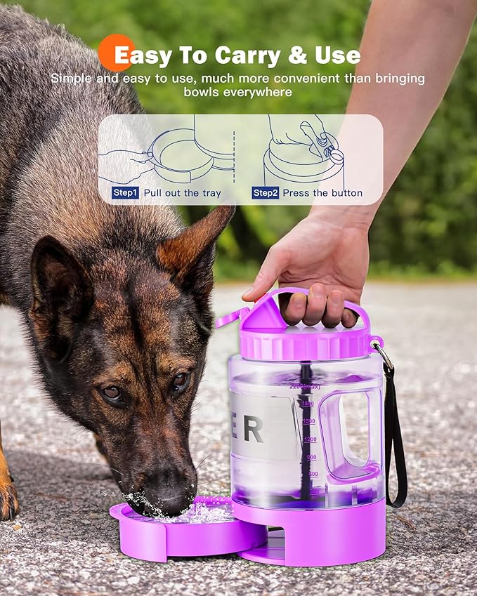 77oz Large Dog Water Bottle Portable - Dog Travel Water Dispenser with Large Bowl, Ideal for Hiking, Camping, Travelling, Outdoor Portable Pet Bottle, Purple