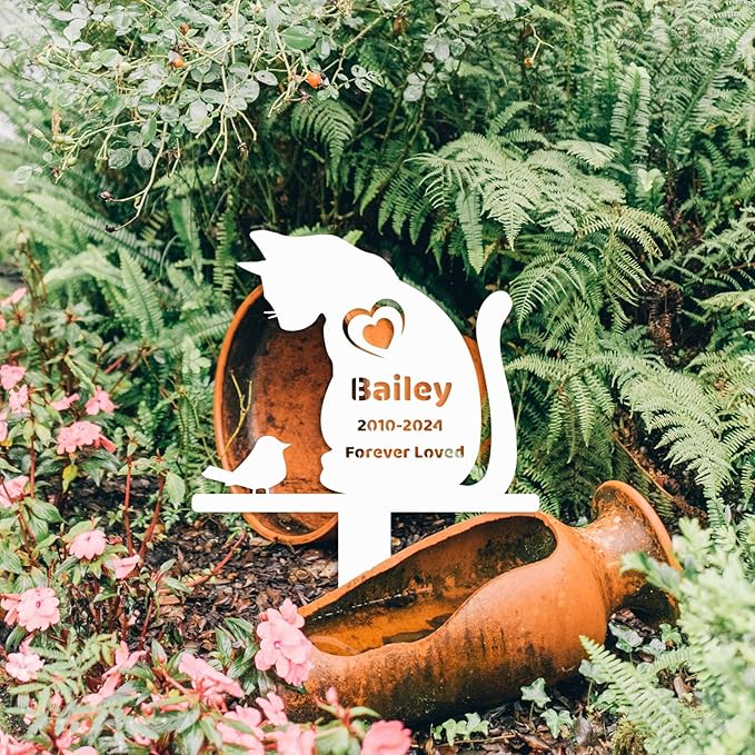 Custom Cat Grave Marker Metal Memorial Plaque for Outdoors, Personalized Bird Cat Memorial Garden Stake, Cat Loss Stake Pet Memorial Gift, Cat Memorial Garden Decor Sympathy Grave Stake