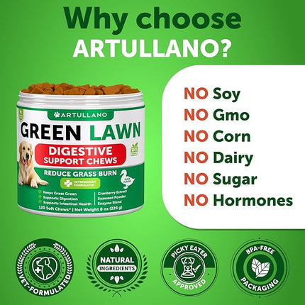 Grass Burn Spot Chews for Dogs - Pee Lawn Spot Saver Caused by Dog Urine - Grass Treatment Rocks - Urine Neutralizer for Green Lawn - Chewable Probiotics, Digestive Enzymes, DL-Methionine - 120 Treats