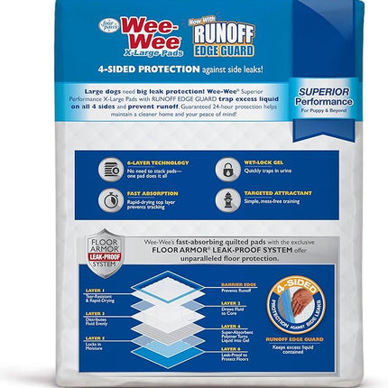 Four Paws Wee-Wee Superior Performance Unscented Extra-Large Pee Pads for Dogs & Puppies, Quilted Leak-Proof Dog Housebreaking Potty Training Floor Protection, 28" x 34", 21 Count