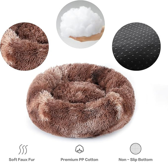 NOYAL Calming Donut Dog Bed for Small to Medium Dogs & Cats - Plush Faux Fur Anti-Anxiety Pet Bed with Machine Washable Cover & Non-Slip Base