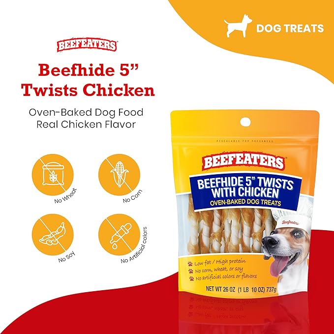 Beefeaters Beefhide 5in Twist with Real Chicken – Protein-Rich Dog Treats for Clean Teeth, Ideal for Training & All Dog Sizes