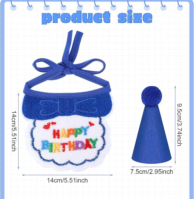 2pcs Cat Birthday Hat,Cute Birthday Hat for Cat,Adjustable Embroidered Cats Party Hats with Bib, for Girls, Boys, Kittens and Dogs Party Supplies Decoration Set (Blue)