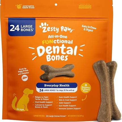 Zesty Paws Dental Bones - Fights Tartar & Plaque - Gum, Teeth & Bone Health - Cinnamon for Dog Breath - Immune, Joint, Gut, Skin & Coat Support - Omega 3 EPA & DHA and Calcium - Large Dogs - 24 ct